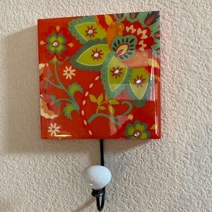 Vintage Orange and Green Floral Wooden Coat Hanger